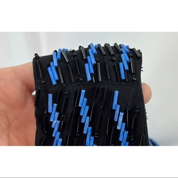 $396 NWT Parker Sz M Black Blue Silk Hourglass Chevron Beaded Mini Dress NEW - Picture 9 of 11